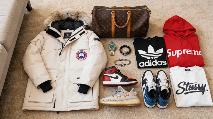 Rep haul flatlay — Canada Goose, LV bag, Jordan 1 Bred, Yeezy Zebra, Adidas, Supreme, Stussy — community report